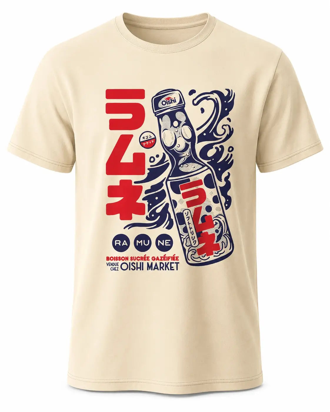 A beige short-sleeve crewneck t-shirt featuring a graphic print of a ramen can with Japanese text and illustrations in red and navy blue.