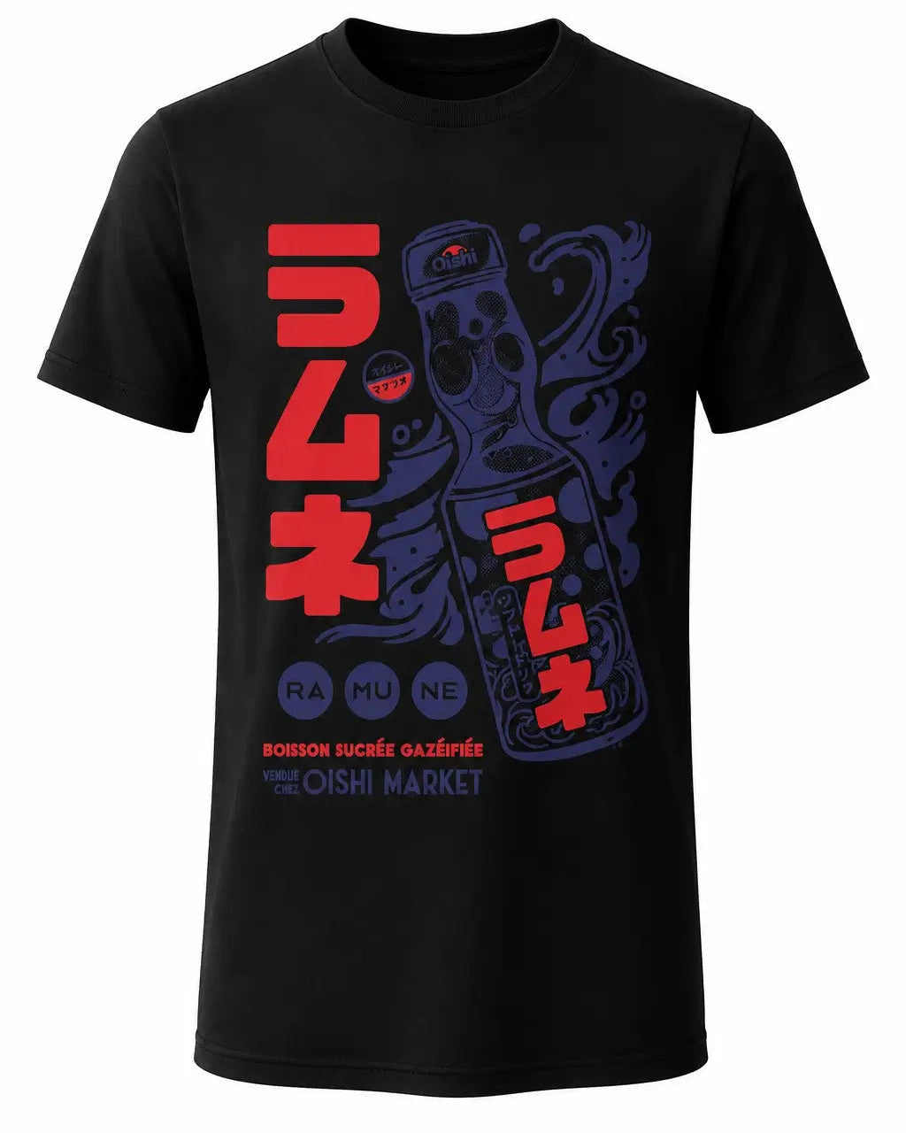 A black short-sleeve crewneck t-shirt featuring a graphic print of a ramen noodle in a bottle with red and blue Japanese text and smaller text reading 'ramen noodle oshkosh the Oishi Market'.