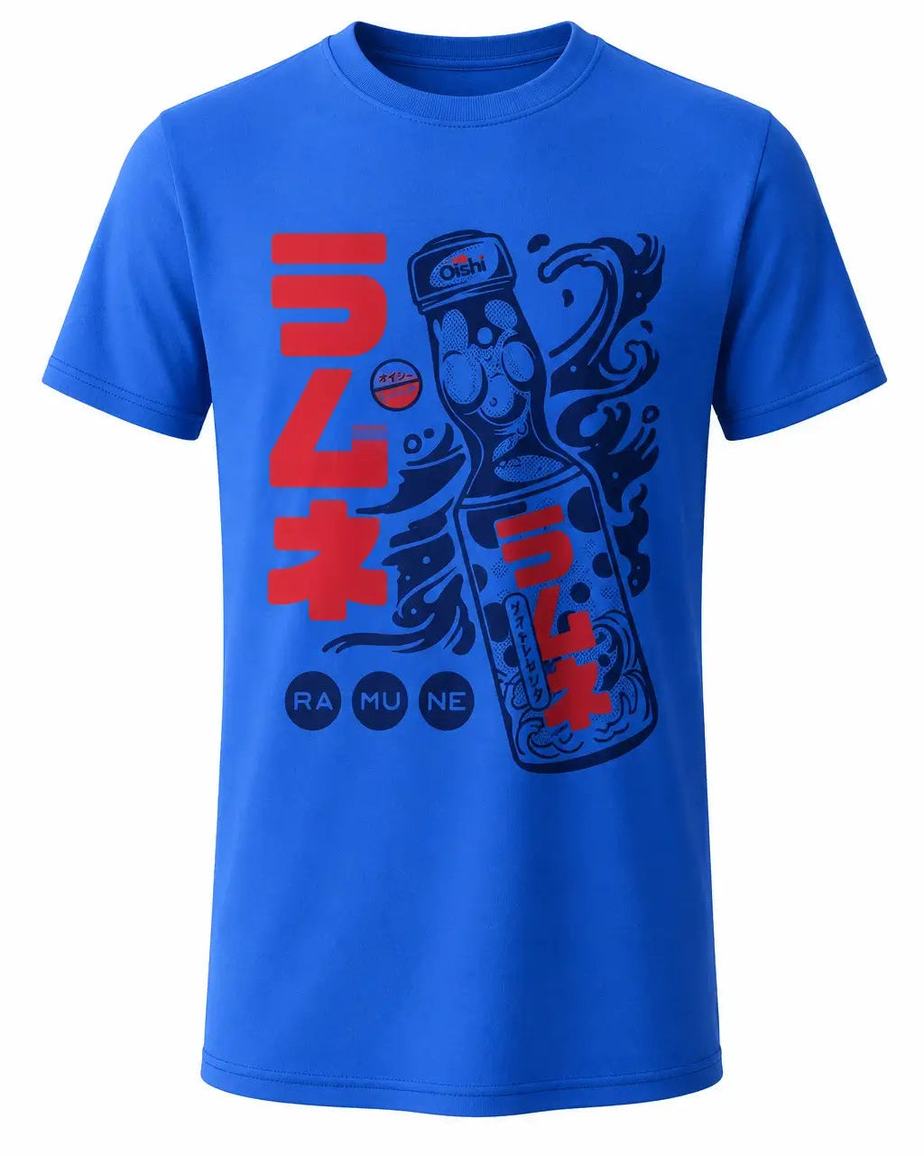 A bright blue short-sleeve crewneck t-shirt featuring a graphic print of a Ramune bottle with red Japanese text and a dark blue wave design.