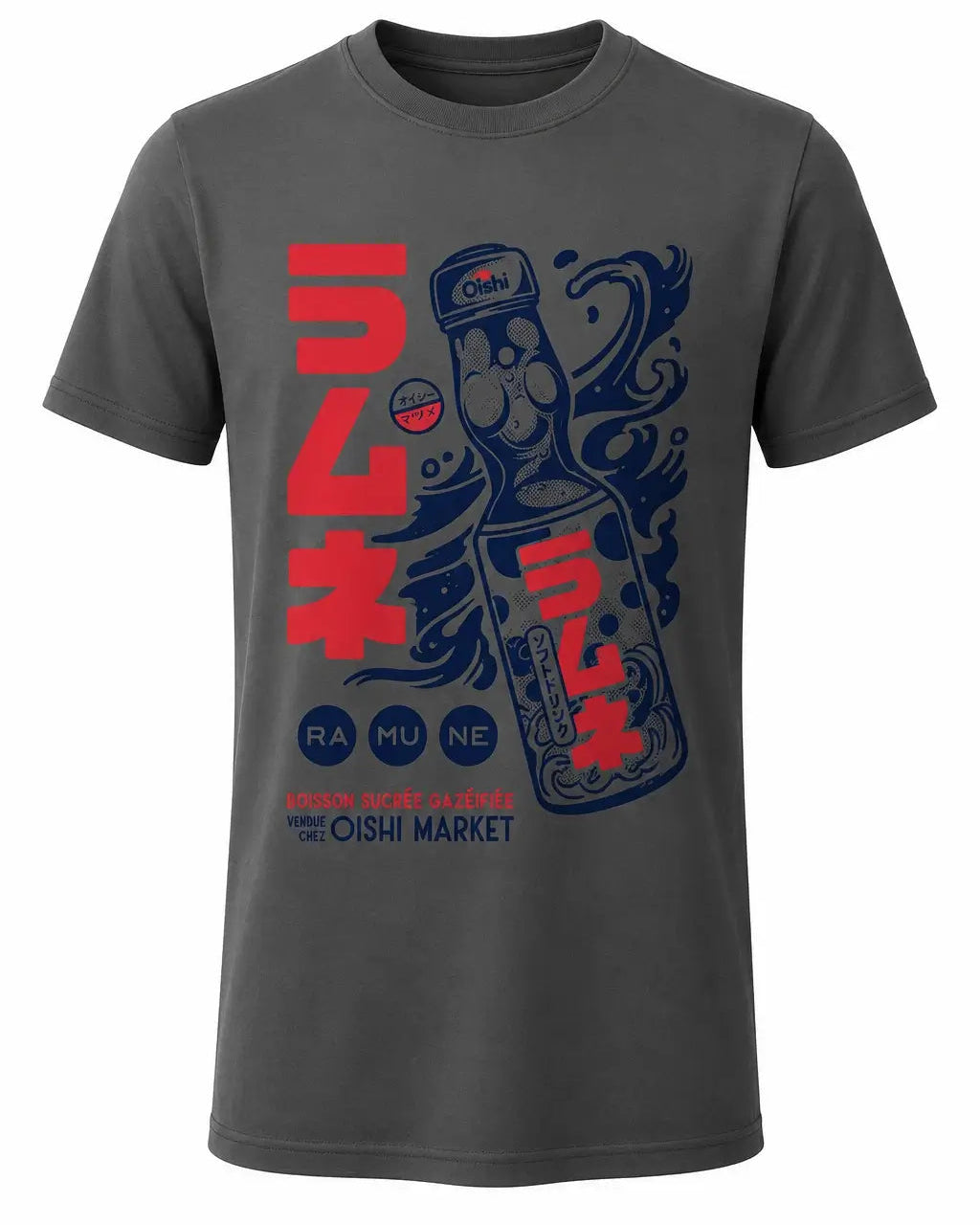 A dark gray crewneck t-shirt featuring a graphic print of a Japanese fisherman and the word 'Unagi' in red and navy blue, with 'Oishi Market' text at the bottom.