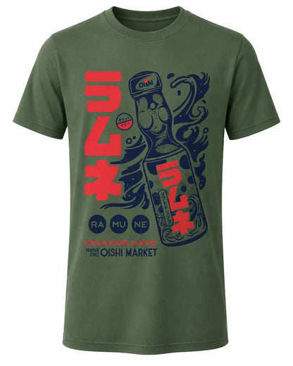 An olive green short-sleeve t-shirt with a graphic print featuring red and navy blue Japanese text, a stylized ramen bowl illustration, and the text 'RA MU NE' and 'BORN TO BE BICIKING THE OISHI MARKET'.