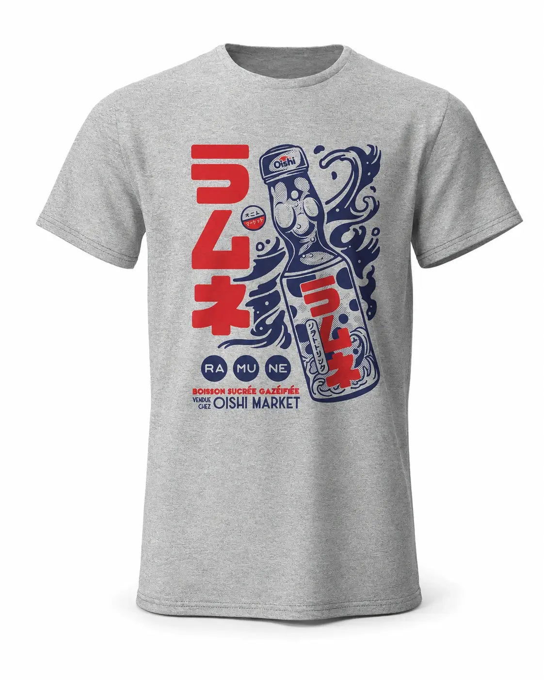 A heather gray short-sleeve crewneck t-shirt featuring a large graphic print on the front. The graphic displays a stylized cartoon character holding a ramen bowl with Japanese text in red and navy blue, along with the words 'RAMUNE' and 'BONNIE RANCH RAMEN & OISHI MARKET'.