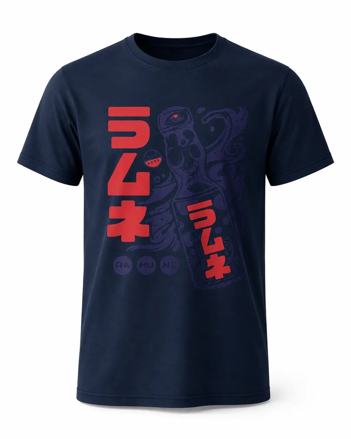 A navy blue short-sleeve t-shirt with a red and dark purple graphic print featuring Japanese characters and a stylized figure, shown on a plain white background.