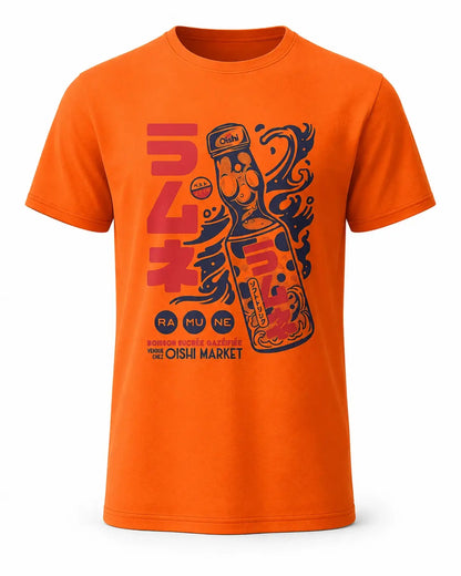 An orange short-sleeve crewneck t-shirt featuring a stylized graphic print of a ramen bowl with Japanese text and the words 'RAHU NE' and 'BONNIE RANCH RAMEEN FROM OISHI MARKET'.