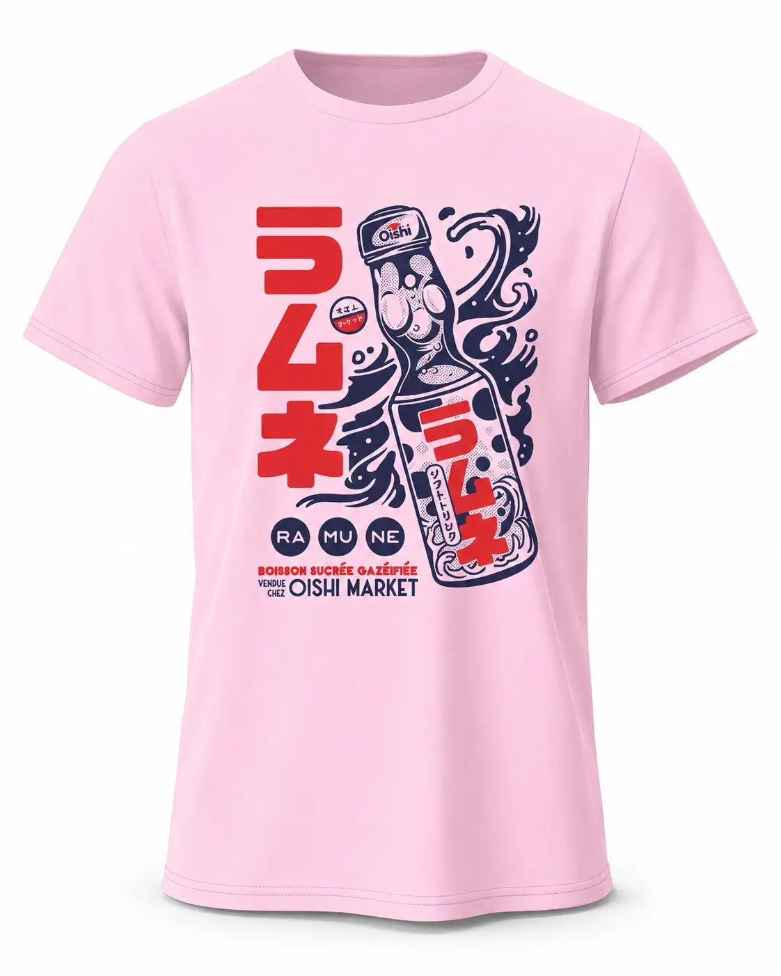 A light pink short-sleeve t-shirt with a graphic print on the front featuring Japanese text in red and navy, a stylized ramen bottle illustration, and the text 'BONNIE BEEF SALE RICE' and 'OISHI MARKET'.