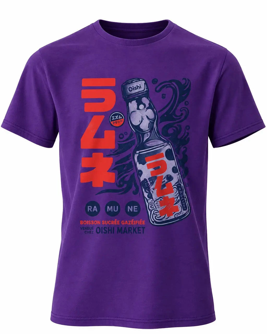 A purple short-sleeve t-shirt featuring a graphic print of a ramen bottle with Japanese text and the words 'OISHI MARKET' on the front, set against a plain white background.