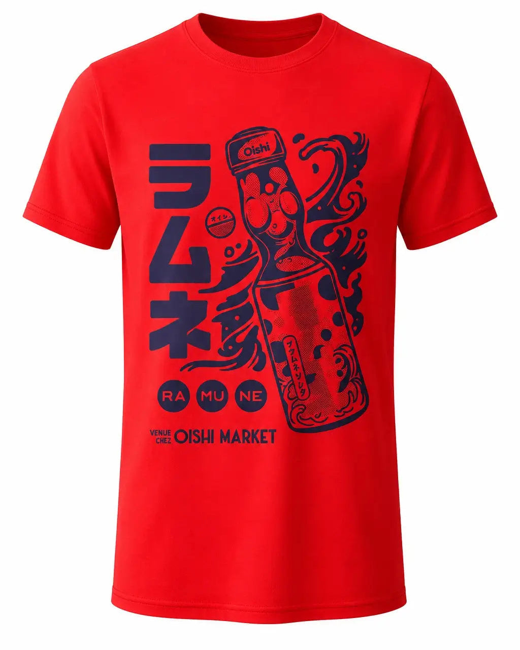A bright red short-sleeve crewneck t-shirt featuring a dark navy blue graphic print of a bottle, Japanese text, and 'THE OISH MARKET' logo on the front, displayed against a solid white background.