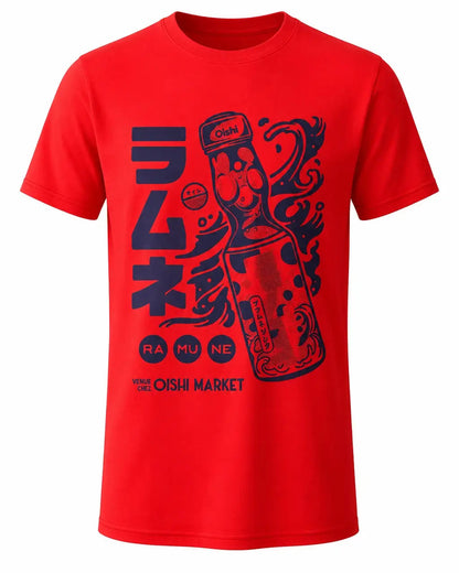 A bright red short-sleeve crewneck t-shirt featuring a dark navy blue graphic print of a bottle, Japanese text, and 'THE OISH MARKET' logo on the front, displayed against a solid white background.