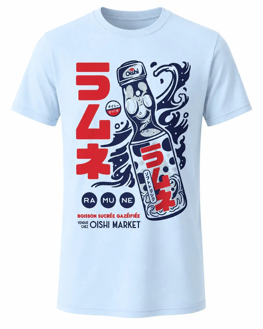A light blue short-sleeve t-shirt with a large graphic print on the front featuring red and navy blue Japanese text, a ramen noodle illustration, and the text 'RA MU NE' and 'OISHI MARKET'.