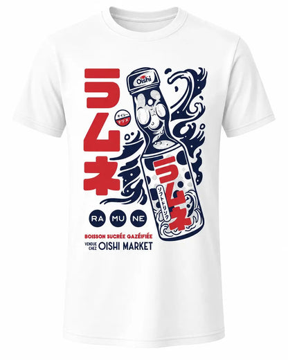 A white short-sleeve crewneck t-shirt featuring a bold graphic print on the front. The design incorporates red and navy blue Japanese characters, a stylized ramen noodle and bowl illustration, and text reading 'RAMUNE' and 'Osom suzumi osomori YOTE OISHI MARKET'.