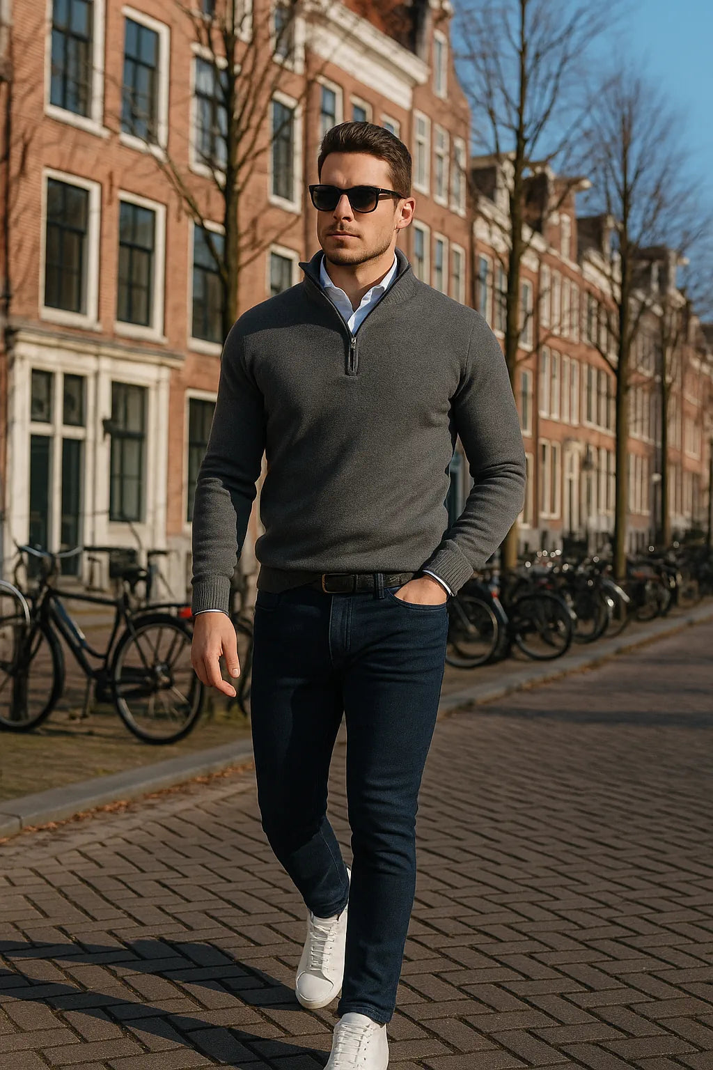 Man walking on a street with bicycles and buildings in the background