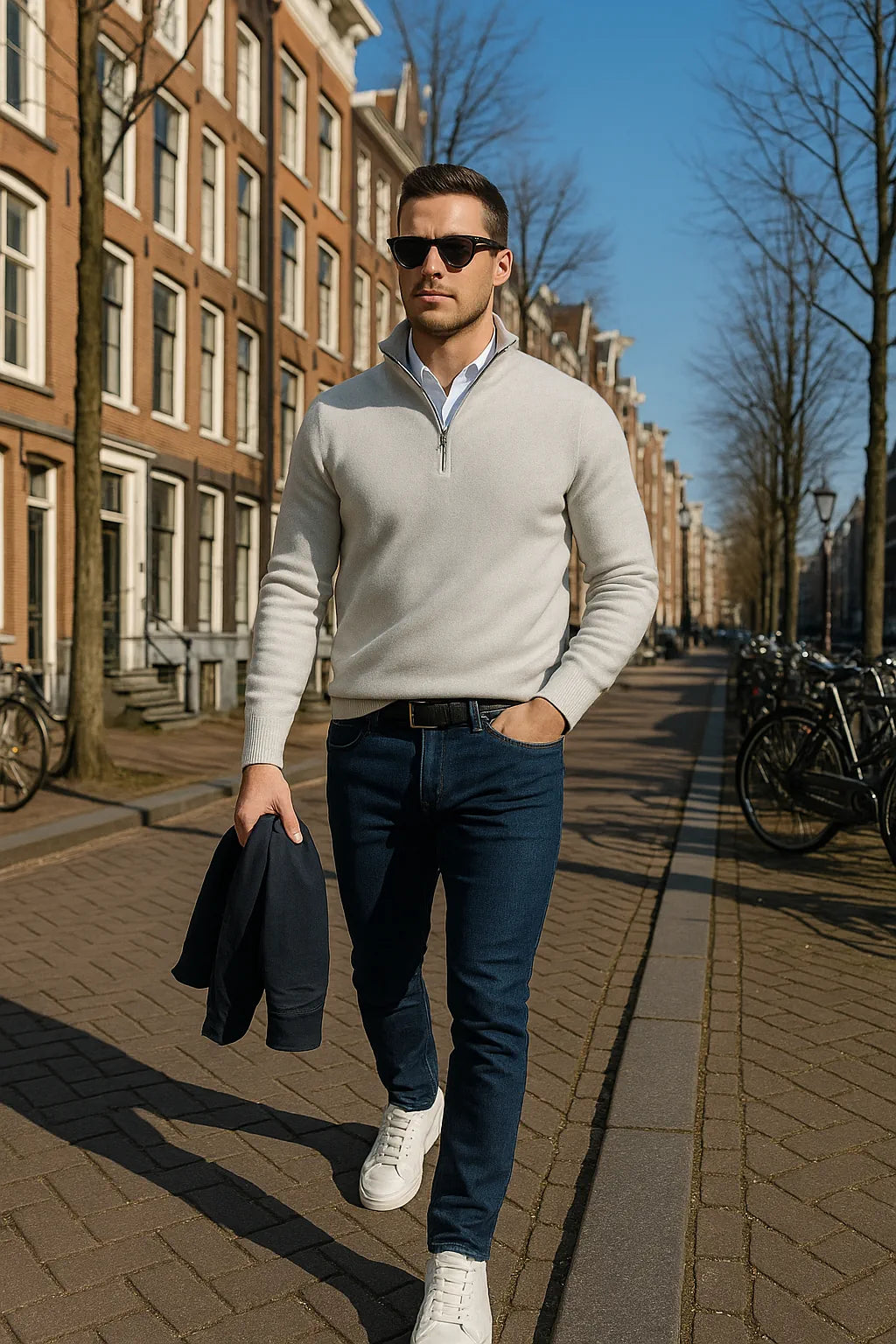 Man walking on a street in an urban setting wearing a light gray sweater and dark jeans.