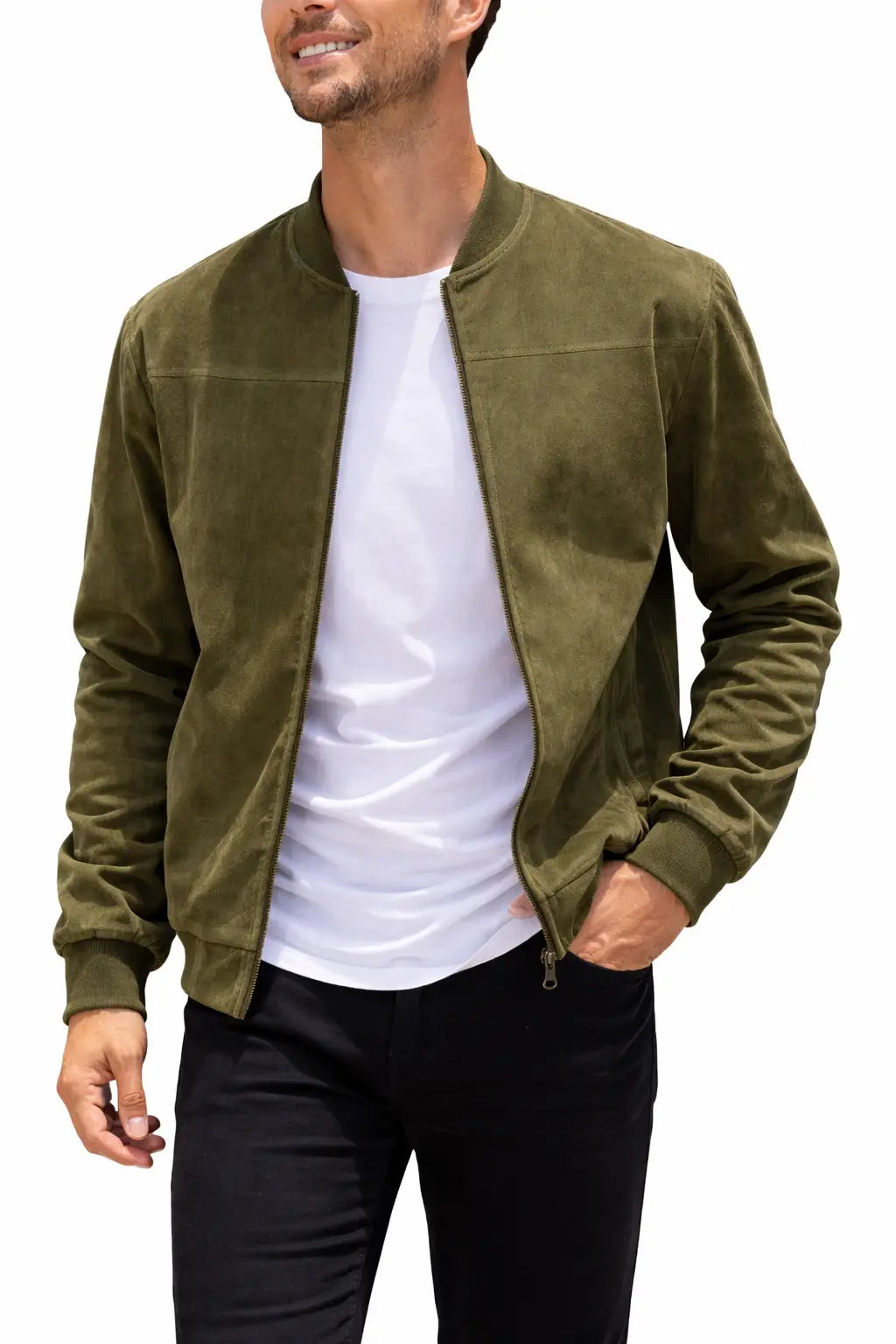 Man wearing a green suede jacket over a white shirt and black pants on a white background