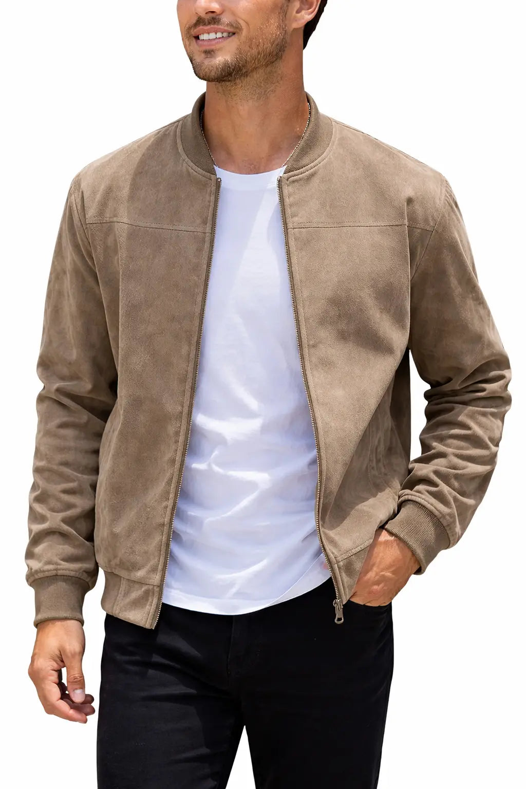 Man wearing a brown suede jacket over a white shirt on a white background