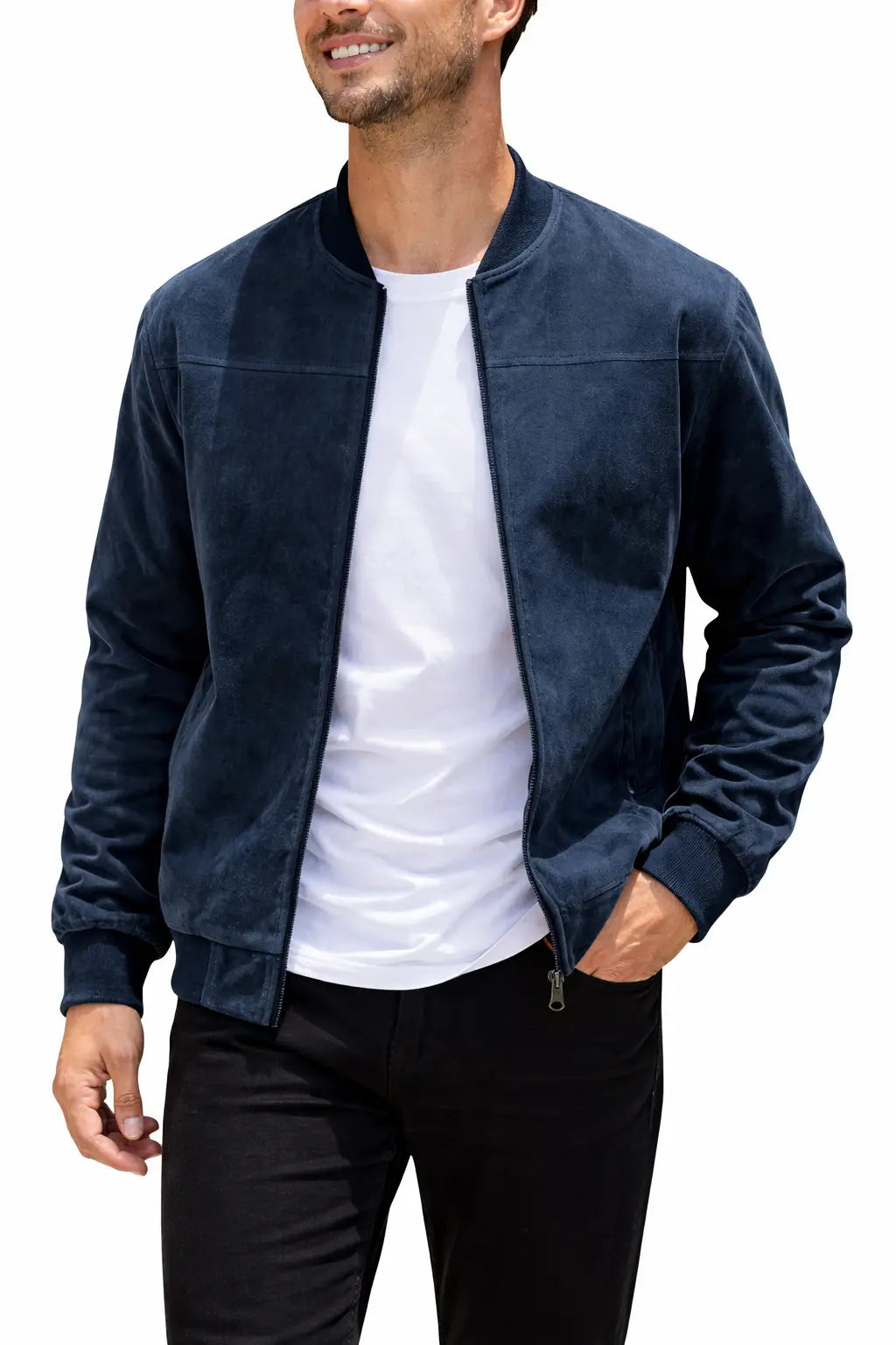 Man wearing a navy blue jacket over a white shirt on a white background