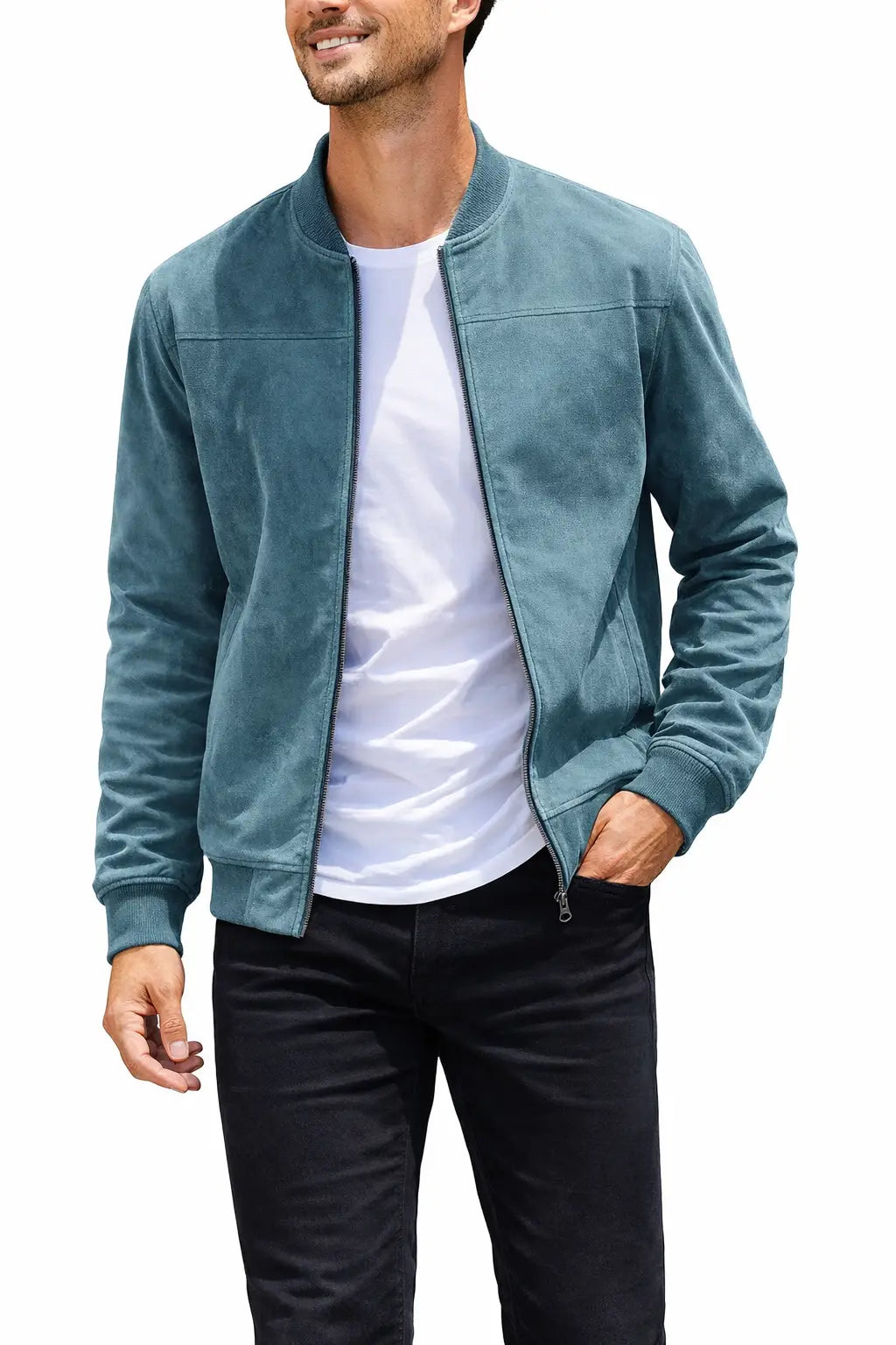 Man wearing a blue jacket over a white shirt and black pants on a white background