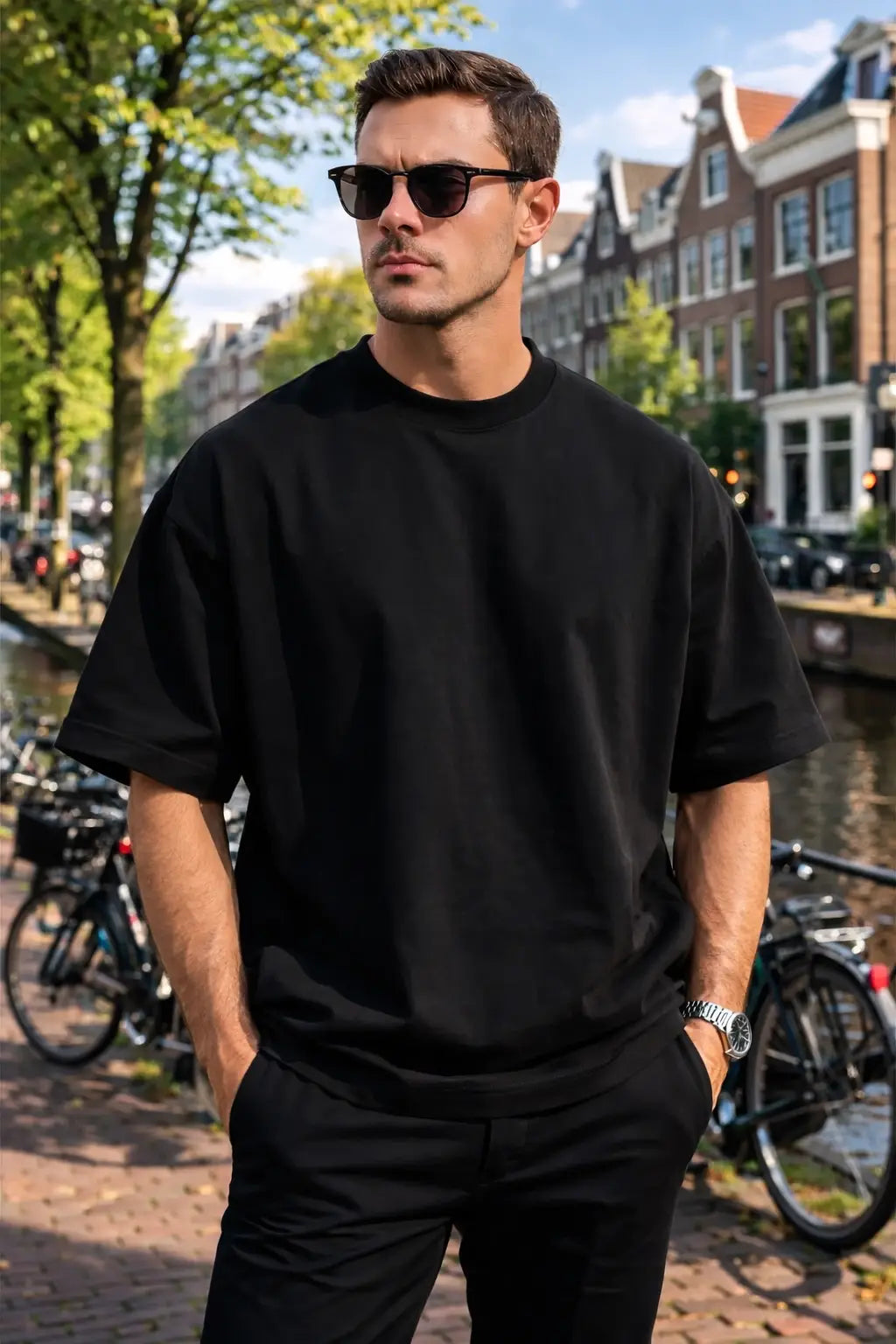 Man wearing a black t-shirt and sunglasses standing in an urban setting with buildings and bicycles.