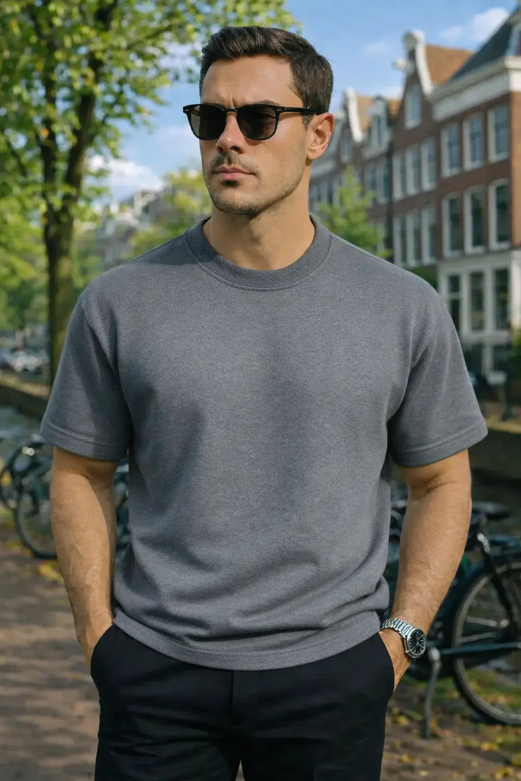 Man wearing sunglasses and a gray t-shirt standing outdoors with buildings and trees in the background