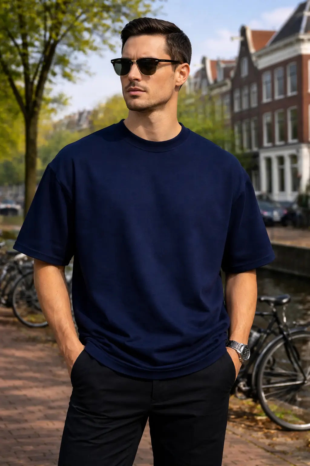 Man wearing a navy blue t-shirt and sunglasses standing outdoors with buildings and trees in the background.